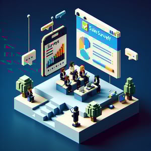 3D voxel art depicting a digital survey on a dark blue background, symbolizing sales kickoff survey questions.