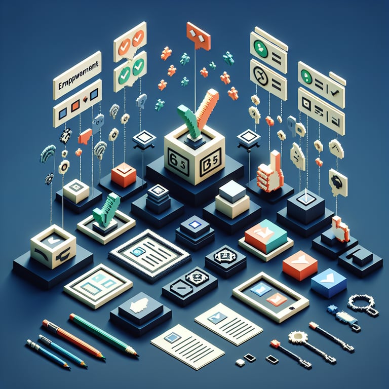 3D voxel art depicting online surveys, symbolizing questions to measure empowerment.