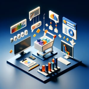 3D voxel art illustrating the concept of online shopping surveys with a dark blue background.