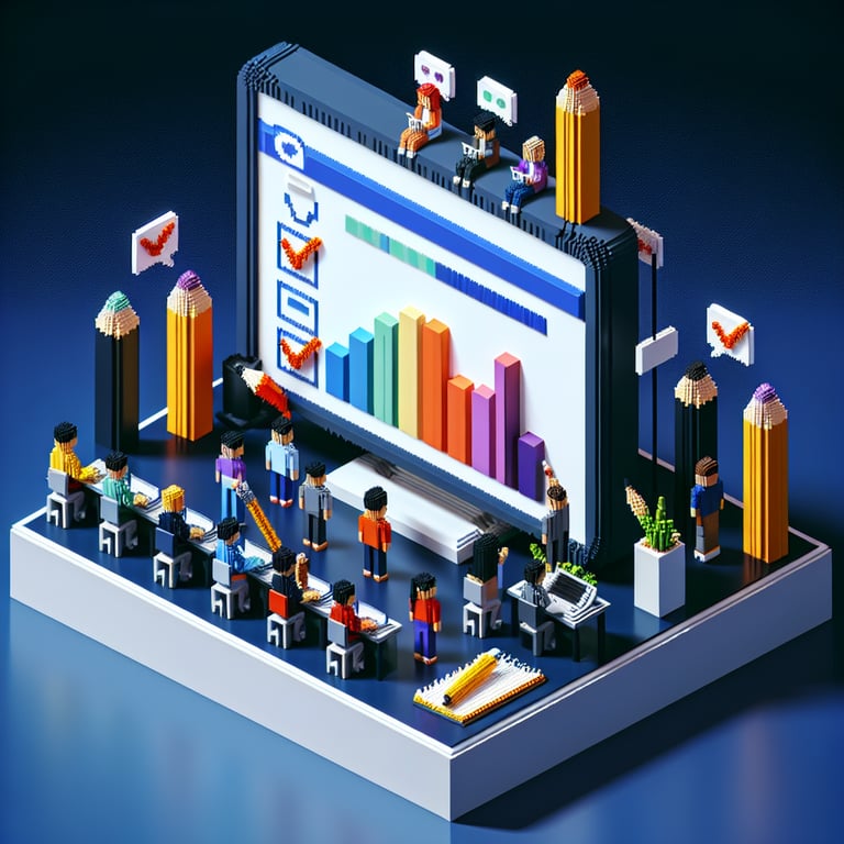 3D voxel art depicting online insurance company survey process on a dark blue background.