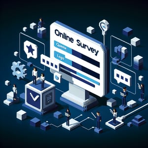 3D voxel art depicting online survey process for IT customer satisfaction on a dark blue background.