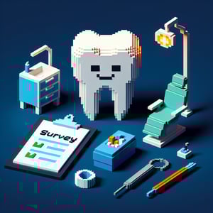 3D voxel art depicting an online dental clinic survey concept on a dark blue background.