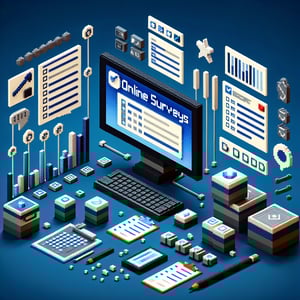 3D voxel art depicting online surveys, set against a dark blue background for business industry context.
