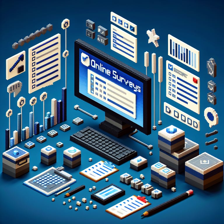3D voxel art depicting online surveys, set against a dark blue background for business industry context.
