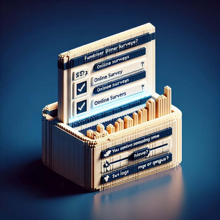 3D voxel art depicting online survey concept on a dark blue background, related to fundraiser dinner.