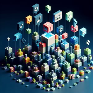 3D voxel art depicting online diversity surveys on a dark blue background.