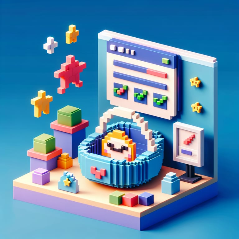 3D voxel art depicting online baby-friendly surveys on a dark blue background.