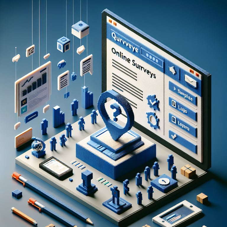 3D voxel art depicting online surveys concept, suitable for a landing page on 3D printing surveys.