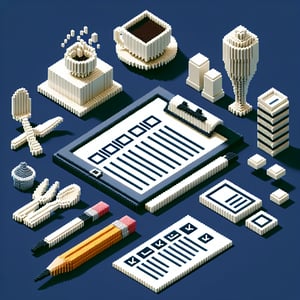 3D voxel art depicting online surveys, suitable for a restaurant opening survey, on a dark blue background.