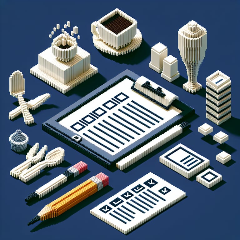 3D voxel art depicting online surveys, suitable for a restaurant opening survey, on a dark blue background.