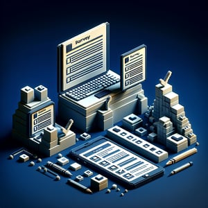 3D voxel art depicting online survey process, representing Barna worldview surveys with a dark blue background.