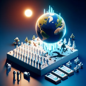 3D voxel art depicting online global warming surveys against a dark blue background.