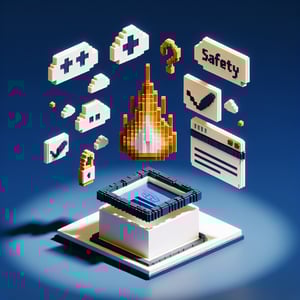 3D voxel art illustrating the concept of online safety surveys on a dark blue background.