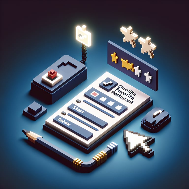 3D voxel art depicting online restaurant surveys, with a dark blue background.