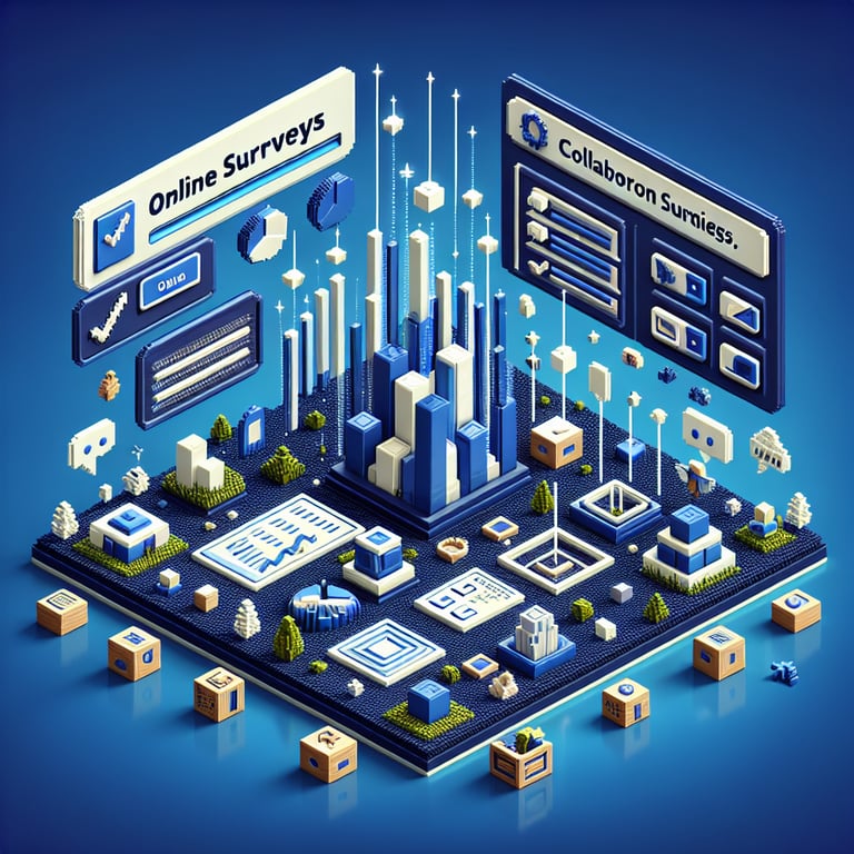 Creative 3D voxel art symbolizing team collaboration survey interface