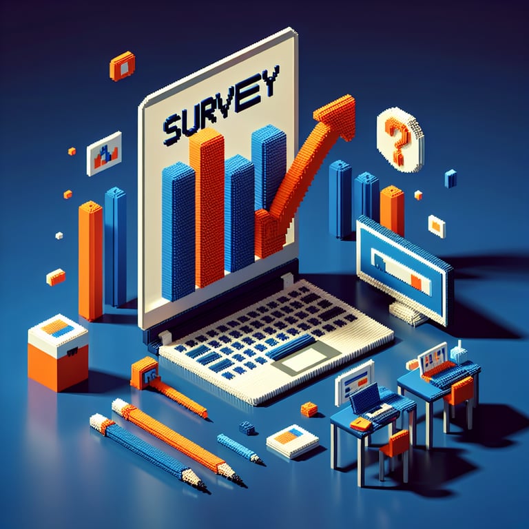 Artistic 3D voxel sculpture visualizing online survey question design for educational exercises