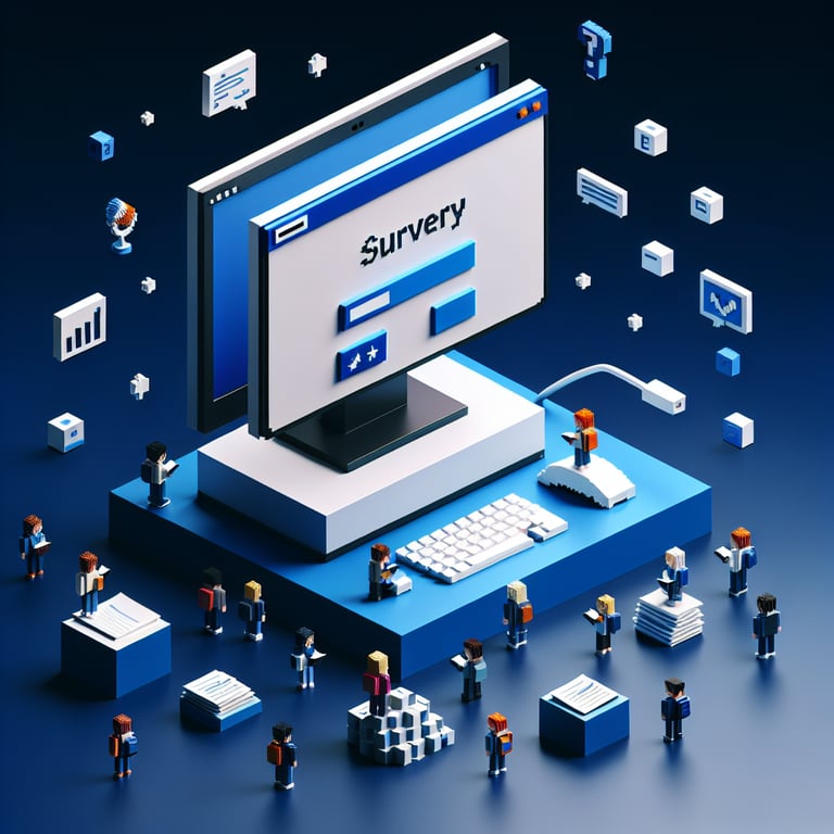 3D voxel art depicting online surveys, ideal for an educational game for students survey landing page.