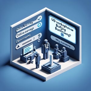 3D voxel art depicting online surveys on workplace bullying in nursing, set against a dark blue background.