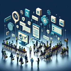 3D voxel art depicting online conference survey process on a dark blue background.