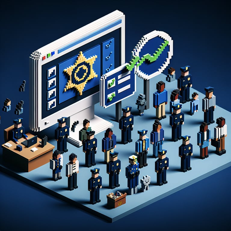 3D voxel art depicting online law enforcement survey concept on a dark blue background.
