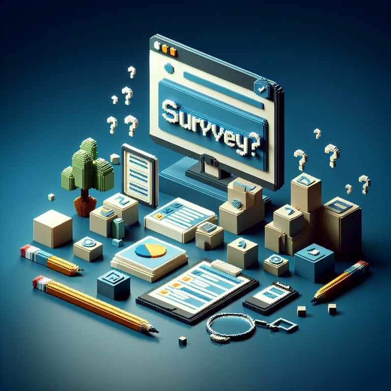 3D voxel art depicting online company surveys on a dark blue background.