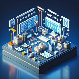 3D voxel art depicting online surveys, symbolizing cleaning service survey questions on a dark blue background.
