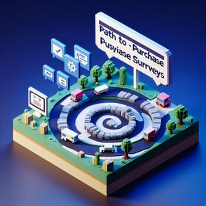 3D voxel art depicting online surveys, reflecting the concept of path to purchase surveys on a dark blue background.