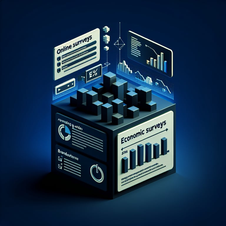 3D voxel art depicting online economic surveys on a dark blue background.