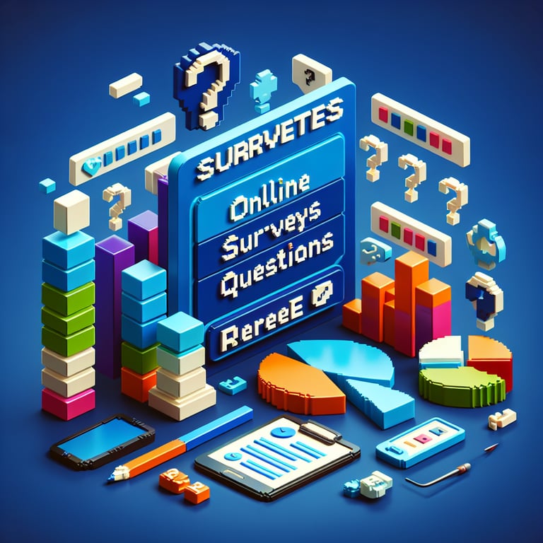 3D voxel art depicting online surveys, set against a dark blue background, symbolizing English national achievement surveys.