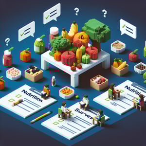 3D voxel art depicting the concept of online nutrition surveys on a dark blue background.