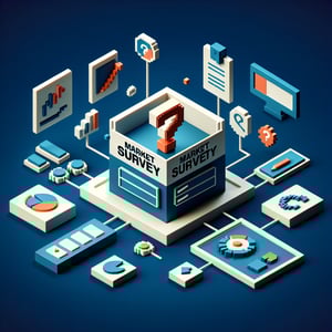 3D voxel art depicting the concept of online market surveys on a dark blue background.