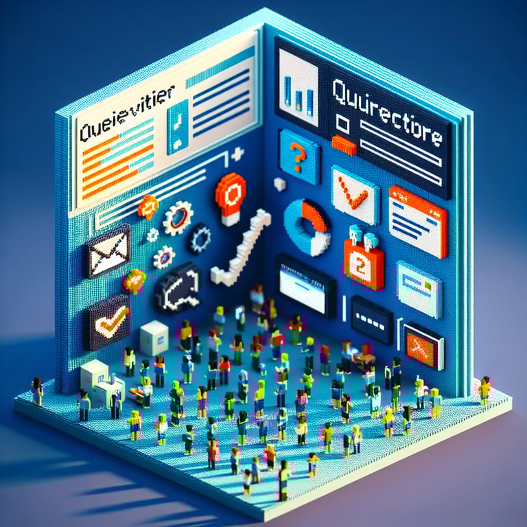 3D voxel art depicting online brand loyalty surveys on a dark blue background.
