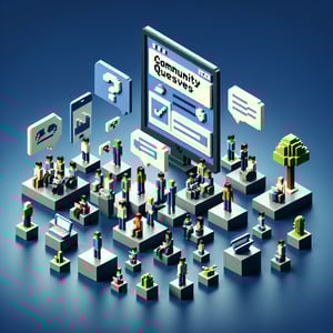 3D voxel art depicting the concept of online community question answering surveys on a dark blue background.