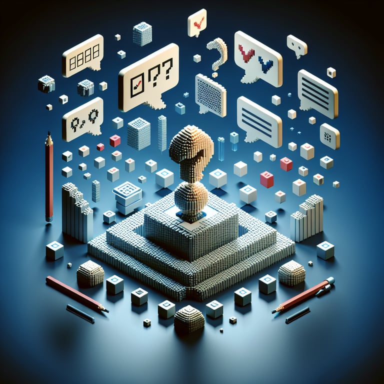 Artistic 3D voxel illustrating team feedback workflows in an internal voice of the customer survey