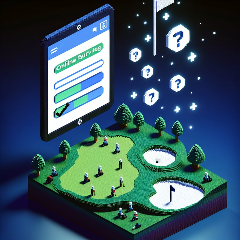 3D voxel art depicting an online golf tournament survey, set against a dark blue background.