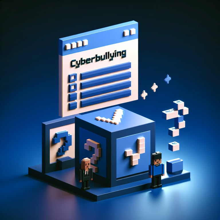 Artistic 3D voxel rendering of an online harassment poll framework, digital cubes in dark blue tones