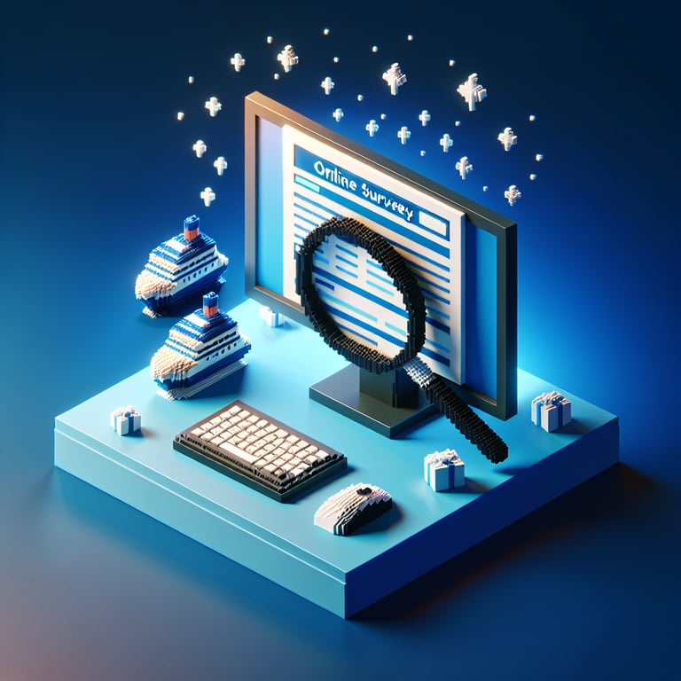 3D voxel art featuring online survey elements on a dark blue background, symbolizing cruise surveys.