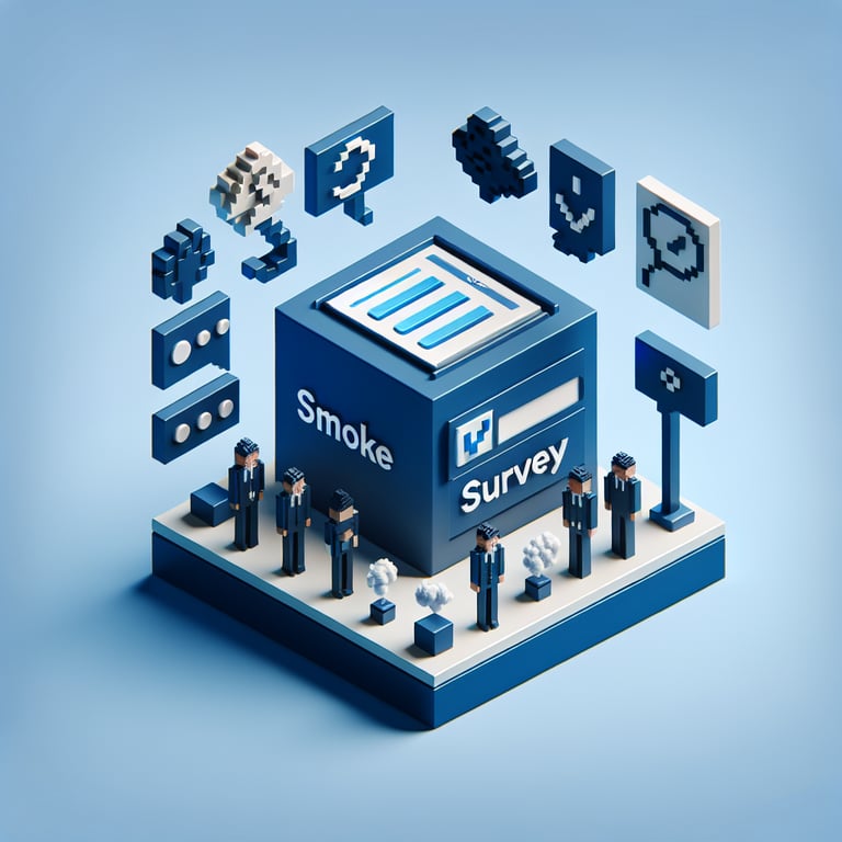 3D voxel art depicting online smoke-free survey concept on a dark blue background.