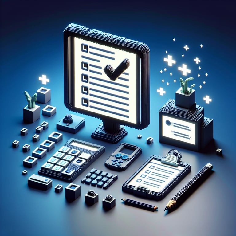 3D voxel art depicting the concept of online customer survey questions on a dark blue background.