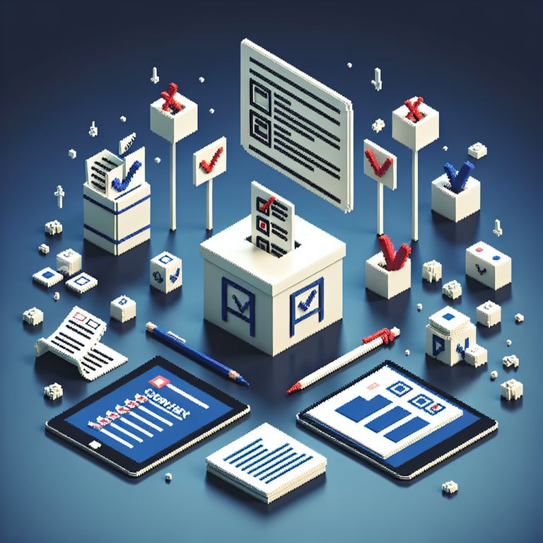 3D voxel art depicting online survey concept, with a dark blue background, related to Indian elections.