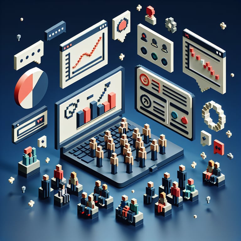 3D voxel art depicting the concept of online consumer behavior surveys on a dark blue background.