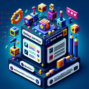 3D voxel art depicting online surveys on extracurricular activities, set against a dark blue background.