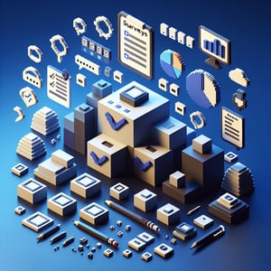 3D voxel art illustrating the concept of software pilot surveys, featuring a dark blue background.