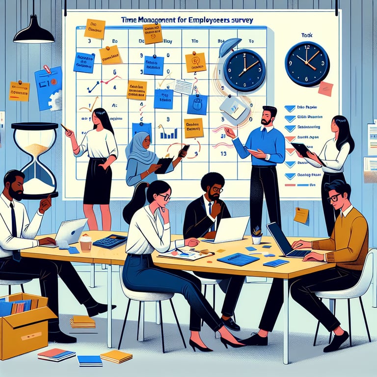 Illustration highlighting key topics in Time Management for Employees survey questions.