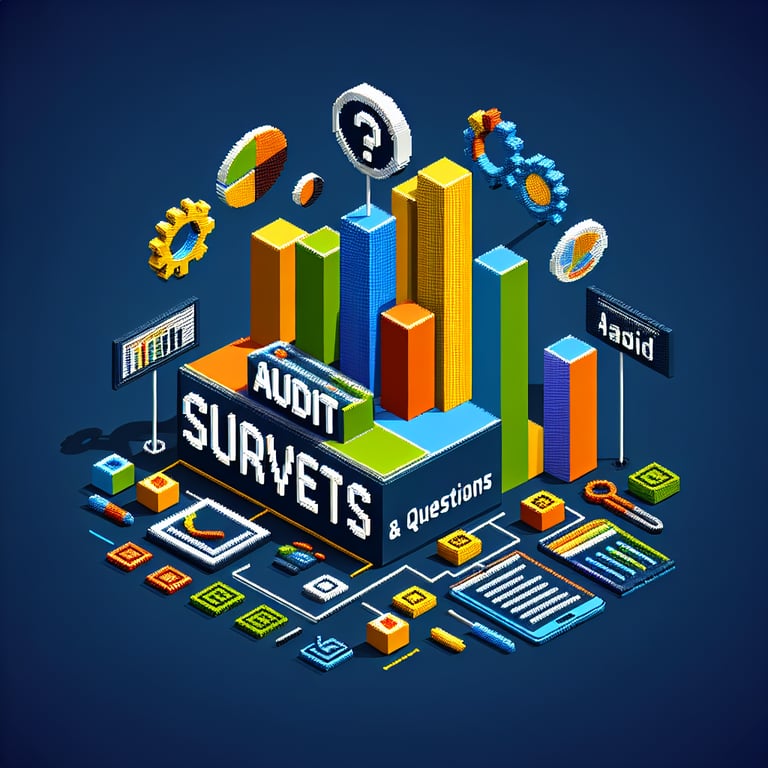 3D voxel art illustrating the concept of online audit surveys on a dark blue background.