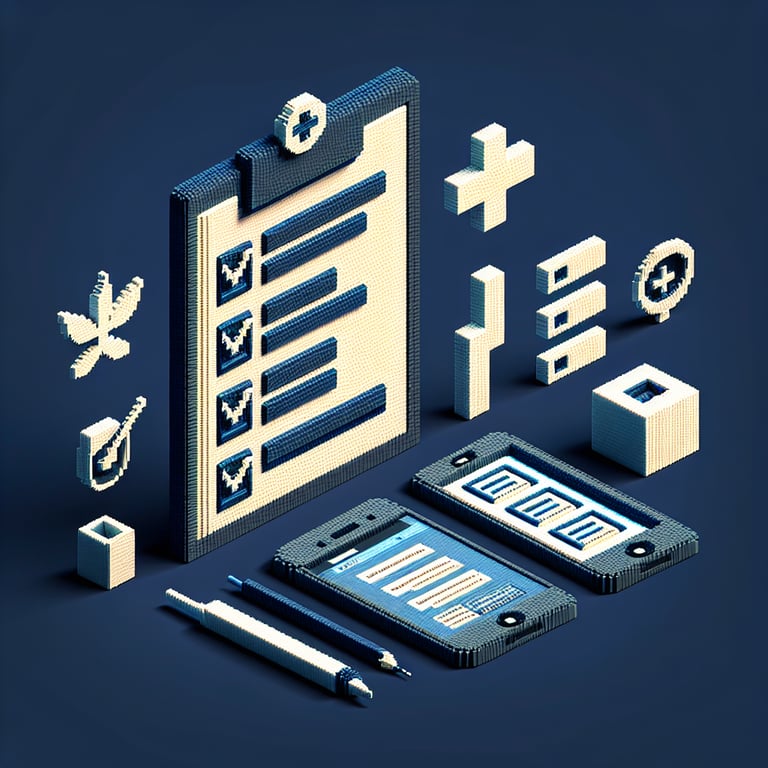 3D voxel art depicting online substance use surveys with a dark blue background.