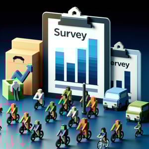 3D voxel art depicting online bicycle surveys with a dark blue background.
