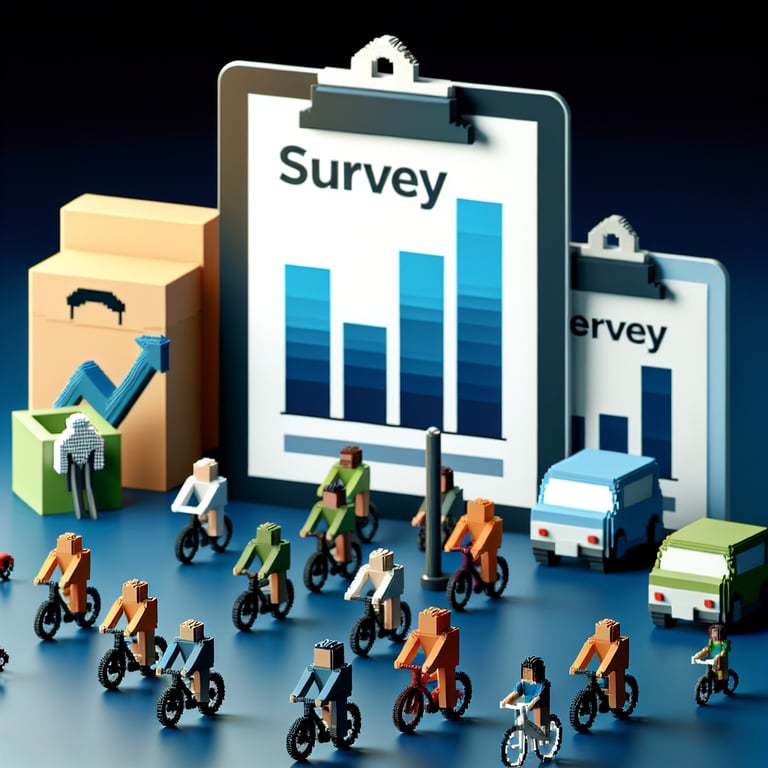 3D voxel art depicting online bicycle surveys with a dark blue background.