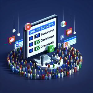 3D voxel art depicting online Obama surveys on a dark blue background.
