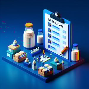 3D voxel art depicting online milk surveys with a dark blue background.